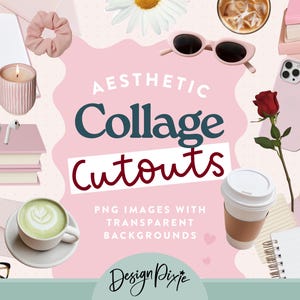 Peut inclure: Image d'une conception de découpe de collage esthétique avec une bougie, des livres, des lunettes de soleil, du café et une rose. Le texte indique "Aesthetic Collage Cutouts" avec "PNG images with transparent backgrounds" en dessous.