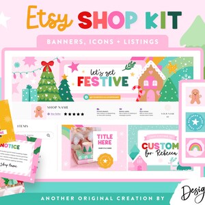 Może przedstawiać: Różowy i turkusowy zestaw sklepowy Etsy z banerami, ikonami i listami. Projekt ma świąteczny motyw z choinkami, piernikowymi domkami i tekstem "let's get FESTIVE". Zawiera ikonki ludzików z piernika i gwiazdek.