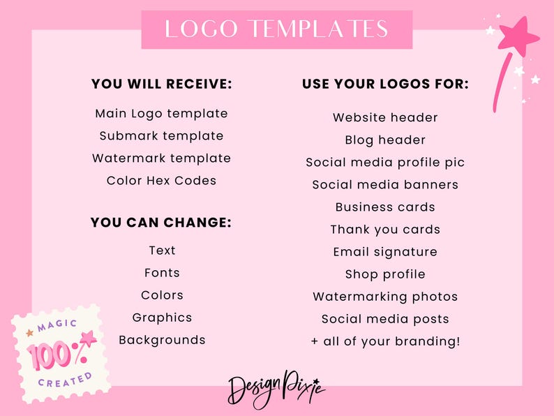 May include: A pink and white graphic with the text "LOGO TEMPLATES" at the top. The graphic lists what is included in a logo template package and how the logos can be used. The graphic also includes a stamp with the text "MAGIC 100% CREATED" and the text "Design Pixje" at the bottom.