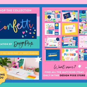 May include: A colorful graphic design featuring the word "Confetti" in a playful font, with hearts and dots. The image includes various stationery designs, including cards and templates, with the text "Shop the Collection" and "Creative Branding for You."
