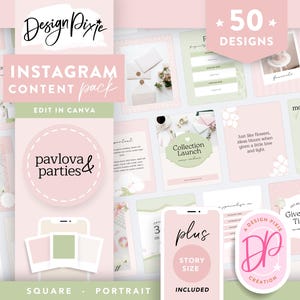 Pode incluir: Um pacote de conteúdo do Instagram rosa e verde com 50 designs para pavlovas e festas. O pacote inclui modelos quadrados e retrato, além de modelos de tamanho de história. O texto "Design Pixie" e "Edit in Canva" é visível na imagem.