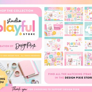 May include: A pink and blue graphic design branding kit for a business called "Studio Playful". The kit includes logo templates, email templates, social media graphics, and more. The design features a playful rainbow and star motif.