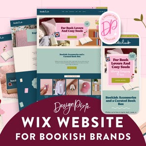 Peut inclure: Image promotionnelle pour un service de conception de sites web Wix. L'image présente des maquettes d'un site web et d'une application mobile, sur le thème d'un club de lecture. Le design comprend des éléments roses, turquoise et blancs, avec le texte "For Book Lovers And Cozy Souls".