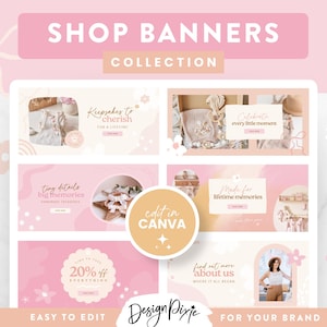 May include: A collection of pink and peach shop banners with text overlays. The banners feature text such as "Keepsakes to cherish", "Celebrate every little moment", "Tiny details big memories", "Made for lifetime memories", "20% off everything", and "Find out more about us". The banners are designed to be edited in Canva.