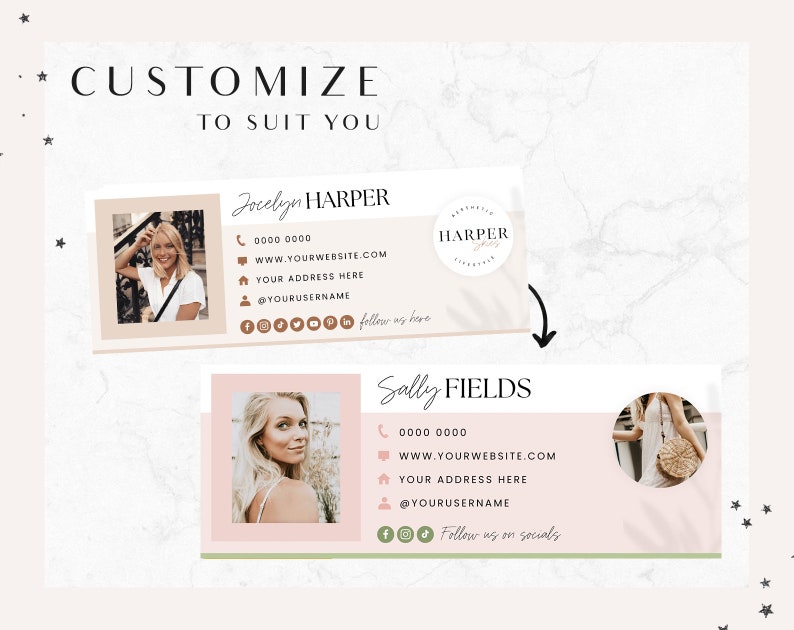 May include: Two customizable social media banners with a pink and green color scheme. The top banner features a woman with blonde hair and a white shirt. The bottom banner features a woman with blonde hair wearing a white dress and a straw hat. Both banners include contact information, a website address, and social media icons.