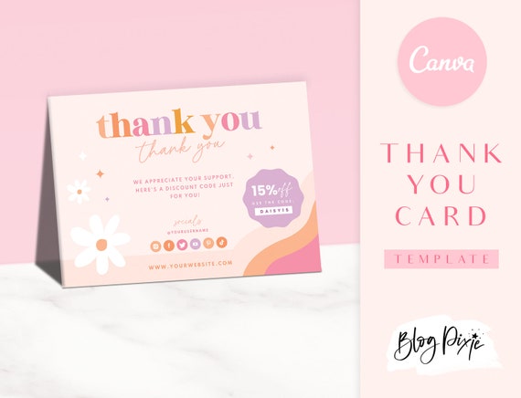 Thank You Card Template Pink Flower Canva Thankyou Order - Etsy