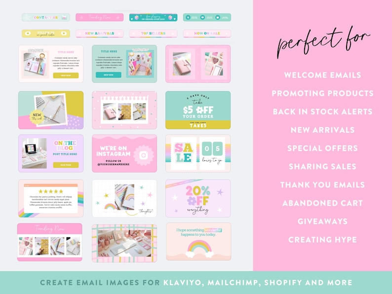 May include: A collection of colorful email templates with rainbow and star designs. The templates feature text such as "New Arrivals", "Take $5 off your order", and "20% off everything".