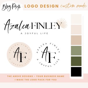 Puede incluir: Un diseño de logotipo para un negocio llamado "Azalea Finley, A Joyful Life". El logotipo presenta un monograma "AF" estilizado con un diseño de hoja de palma. La paleta de colores incluye beige, verde y negro.
