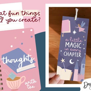May include: A pink spiral-bound notebook with a blue book and tea cup illustration featuring the text thoughts with tea, alongside a rectangular bookmark with a fairy, castle, and the text a little magic in every chapter.