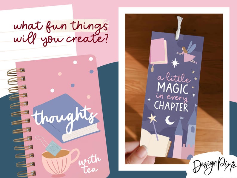 May include: A pink spiral-bound notebook with a blue book and tea cup illustration featuring the text thoughts with tea, alongside a rectangular bookmark with a fairy, castle, and the text a little magic in every chapter.