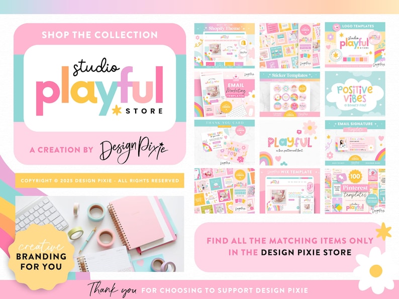 Może przedstawiać: R&oacute;żowo-niebieski zestaw graficzny do brandingu dla firmy o nazwie "Studio Playful". Zestaw zawiera szablony logo, szablony wiadomości e-mail, grafikę do medi&oacute;w społecznościowych i wiele więcej. Projekt zawiera zabawny motyw tęczy i gwiazd.