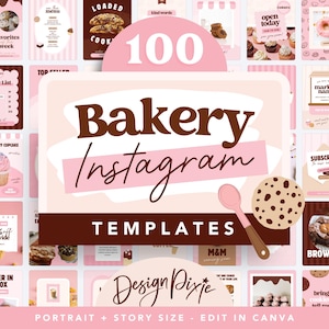 以下が含まれることがあります： ピンクと茶色を基調とした、ベーカリーをテーマにした100個のInstagramテンプレートのコレクション。テンプレートには、メニュー、価格表、プロモーション用のグラフィックのデザインが含まれています。画像には「Bakery Instagram Templates」と「Design Pixie」の文字が表示されています。