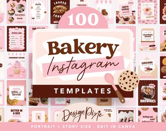 Puede incluir: Un conjunto de 100 plantillas de Instagram con temática de panadería en rosa y marrón. Las plantillas incluyen diseños para menús, listas de precios y gráficos promocionales. La imagen presenta el texto "Bakery Instagram Templates" y "Design Pixie."