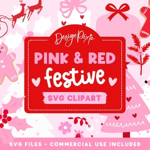 Puede incluir: Clipart SVG festivo rosa y rojo con varias ilustraciones temáticas navideñas. El diseño incluye un hombre de jengibre, renos, un árbol de Navidad y cajas de regalo. El texto "PINK & RED festive" se muestra sobre un fondo rojo.
