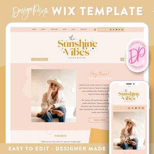 Op de afbeelding: Een website-sjabloon voor een coach of club genaamd "The Sunshine Vibes" met een roze en gele kleurschema. De website bevat een foto van een vrouw met een witte hoed en een tekstvak met de woorden "Hey there! I'm Amy Jacobs".
