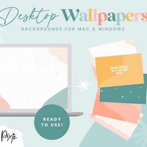 May include: A set of four digital desktop wallpapers featuring abstract shapes in pink, peach, and teal with white stars and the text "good things are on the way".