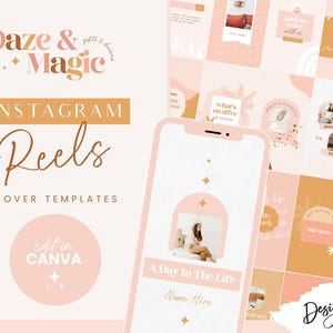 Peut inclure: Un ensemble de modèles de couverture pour bobines Instagram dans un schéma de couleurs rose et orange. Les modèles présentent une variété de designs, y compris un écran de téléphone avec le texte "A Day In The Life" et un motif d'étoile. Le texte "Daze & Magic" est en haut de l'image.