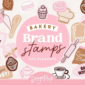 May include: A selection of pink and brown bakery-themed SVG elements. The design features illustrations of baked goods such as cupcakes, cookies, and donuts, alongside baking tools and phrases like "Treat Yourself" and "Baked with Love".