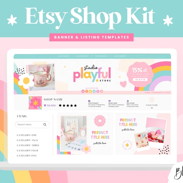 Etsy Shop Templates Rainbow - Etsy Banner Templates Canva - Etsy Store Listing Design - Playful Colorful Branding - PF01 - Blog Pixie