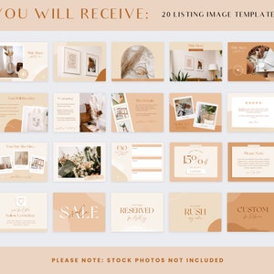 May include: A set of 20 social media templates for Etsy listings. The templates feature a neutral color palette of beige, brown, and white with abstract shapes and handwritten text. The templates are designed to promote products and services on Etsy.