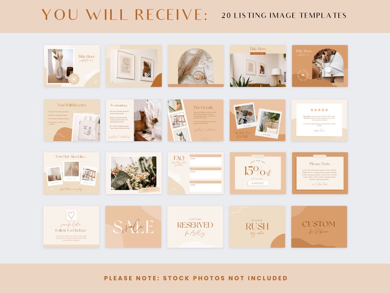 May include: A set of 20 social media templates for Etsy listings. The templates feature a neutral color palette of beige, brown, and white with abstract shapes and handwritten text. The templates are designed to promote products and services on Etsy.
