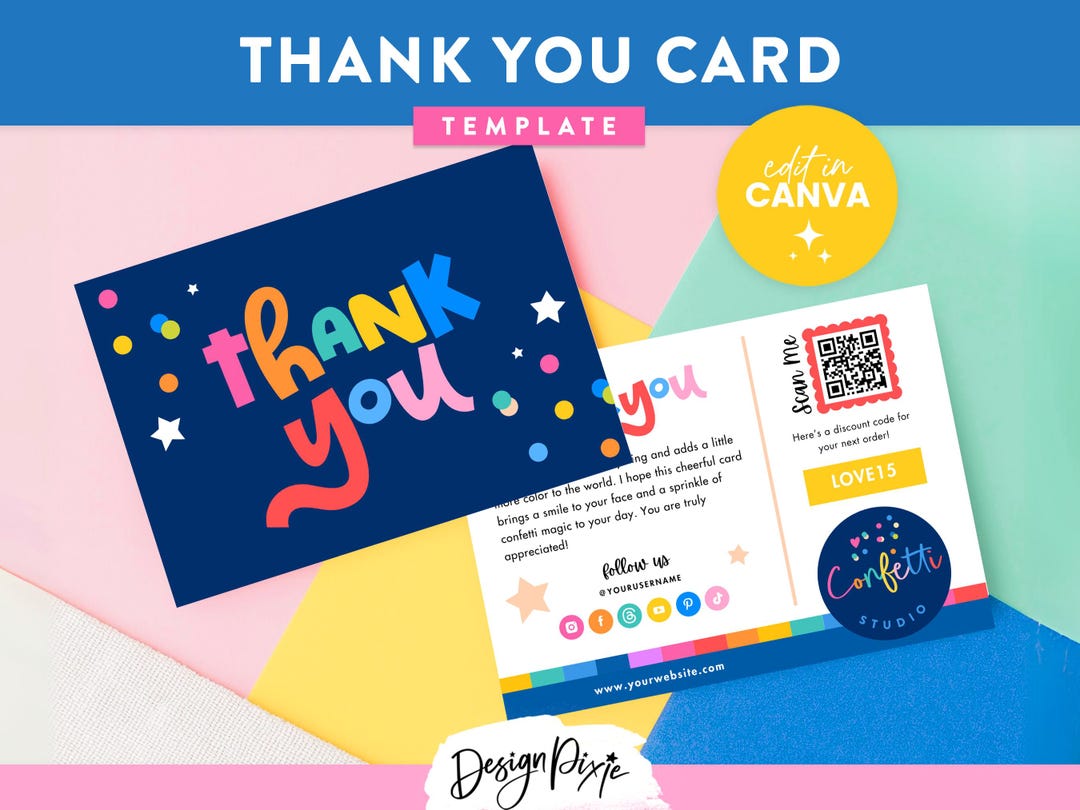 Colorful Thank You Card Template Canva - Bright Editable Insert for ...