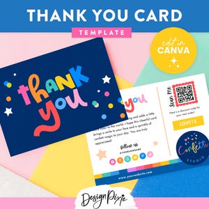 Może przedstawiać: Granatowy szablon karty z podziękowaniami z kolorowym tekstem i konfetti. Karta zawiera słowa "thank you" w jasnych kolorach. Druga karta zawiera kod QR i tekst "Scan Me".
