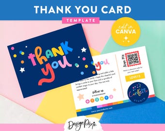 May include: A navy blue thank you card template with colorful text and confetti. The card features the words "thank you" in bright colors. A second card includes a QR code and the text "Scan Me".
