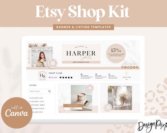 May include: A computer screen mockup displaying a template for an Etsy shop banner and listing. The banner features a pink and white marble background with the text "Welcome to Harper Skies" and a 15% off discount offer. The listing template includes a section for shop items, a section for shop information, and a section for customer reviews. The template is designed in a minimalist style with a pink and white colour scheme.