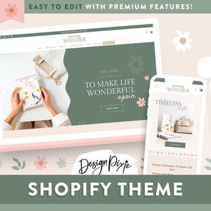 Thème Shopify vert olive pour la papeterie et le bien-être - modèle Shopify minimal - planificateur bijoux soins de la peau - Every Wonder EW01 Design Pixie