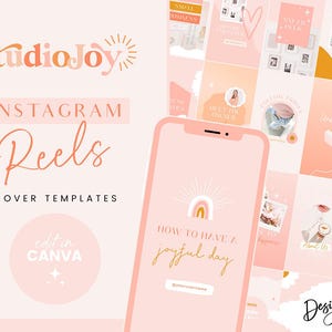 Peut inclure: Un modèle de couverture Instagram Reels rose et or avec le texte "StudioJoy Instagram Reels Cover Templates" et "edit in Canva". Le modèle présente un écran de téléphone avec un fond rose et le texte "How to have a joyful day".