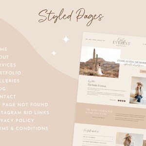 May include: A website mockup for a photography business called Emily Everest Photography. The website features a light brown background with white text overlay. The text includes the website's name, a tagline, and a list of website pages, including Home, About, Services, Portfolio, Galleries, Blog, Contact, 404 Page Not Found, Instagram Bio Links, Privacy Policy, and Terms & Conditions.