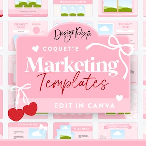 Könnte beinhalten: Rosa und weiße Marketingvorlagen für Canva mit einem rosa und weißen Kirschendesign und dem Text "Coquette Marketing Templates Edit in Canva".