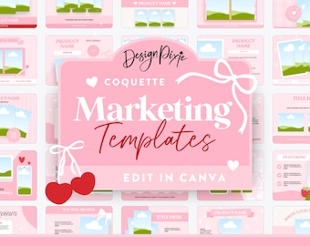 Puede incluir: Plantillas de marketing rosa y blanco para Canva con un diseño de cereza rosa y blanco y el texto "Coquette Marketing Templates Edit in Canva".