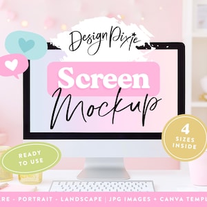 Könnte beinhalten: Ein Computermonitor mit dem Text Design Pixie Screen Mockup auf rosa Hintergrund. Überlagerte Grafiken umfassen Sprechblasen mit Herzen, ein grünes Oval mit der Aufschrift Ready to Use und einen goldenen Kreis mit 4 Sizes Inside.