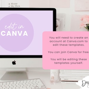 May include: A computer screen with a purple circle that says "edit in CANVA" on it. A pink note with the text "You will need to create an account at Canva.com to edit these templates. You can join Canva for free. You will be editing these templates yourself." is on the right side of the screen.