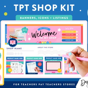 Peut inclure: Un kit de boutique TPT numérique comprenant une bannière rose avec le texte Welcome To My Shop, des boutons de catégorie et des modèles de fiches produits. Le design inclut des icônes colorées, des étoiles et des formes sur un fond bleu.