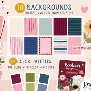 May include: A digital design kit featuring 10 portrait SVG backgrounds with various patterns in pink, blue, and burgundy, alongside 14 color palettes in a PDF guide. The text reads 10 BACKGROUNDS PORTRAIT SVG FILES, 14 COLOR PALETTES, and Bookish design kit.