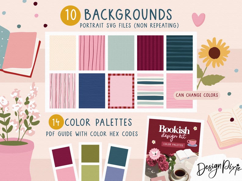May include: A digital design kit featuring 10 portrait SVG backgrounds with various patterns in pink, blue, and burgundy, alongside 14 color palettes in a PDF guide. The text reads 10 BACKGROUNDS PORTRAIT SVG FILES, 14 COLOR PALETTES, and Bookish design kit.