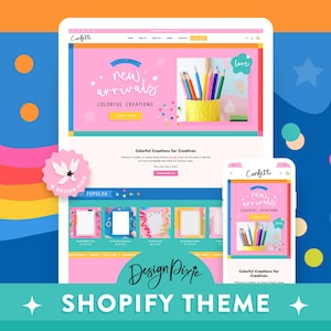 Pode incluir: Um design de site exibido em um tablet e smartphone, mostrando um tema Shopify. O tema apresenta um esquema de cores rosa e azul com o texto "new arrivals" e "colorful creations". Um logotipo com o texto "Design Pixie" também é visível.