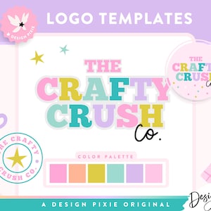 May include: Logo templates for a business called "The Crafty Crush Co.". The logo features a colorful, playful font with a pink, yellow, blue, and green color scheme. The color palette is shown below the logo.