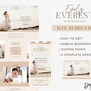 Pode incluir: Um modelo de site Wix para fot&oacute;grafos, com um fundo marrom claro e um logotipo branco e marrom que diz "Emily Everest Photography". O modelo &eacute; f&aacute;cil de editar, responsivo para dispositivos m&oacute;veis e inclui fontes personalizadas. O texto "Modelo Wix" est&aacute; em uma caixa marrom com um contorno branco. Abaixo do texto, h&aacute; quatro marcadores com o texto "F&aacute;cil de editar", "Responsivo para dispositivos m&oacute;veis", "Fontes personalizadas" e "Um design completo".