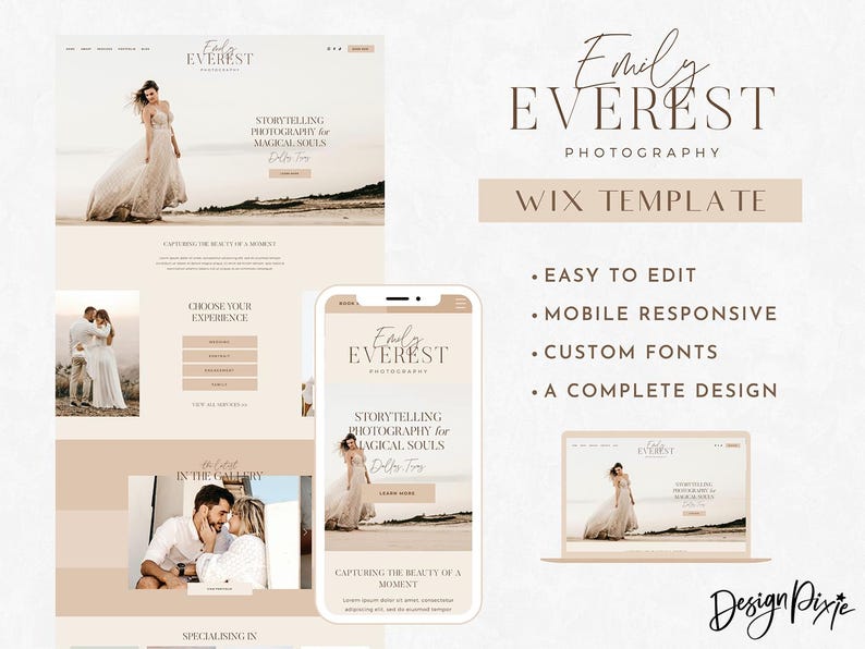 Pode incluir: Um modelo de site Wix para fot&oacute;grafos, com um fundo marrom claro e um logotipo branco e marrom que diz "Emily Everest Photography". O modelo &eacute; f&aacute;cil de editar, responsivo para dispositivos m&oacute;veis e inclui fontes personalizadas. O texto "Modelo Wix" est&aacute; em uma caixa marrom com um contorno branco. Abaixo do texto, h&aacute; quatro marcadores com o texto "F&aacute;cil de editar", "Responsivo para dispositivos m&oacute;veis", "Fontes personalizadas" e "Um design completo".