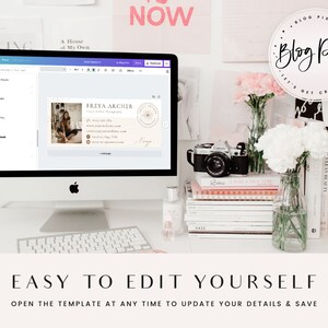May include: A computer screen displaying a website with a customizable business card template. The template features a photo of a woman, text, and a logo. The text on the screen reads "FREYA ARCHER" and "Storyteller Photographer". The website is called "Blog Pixie".