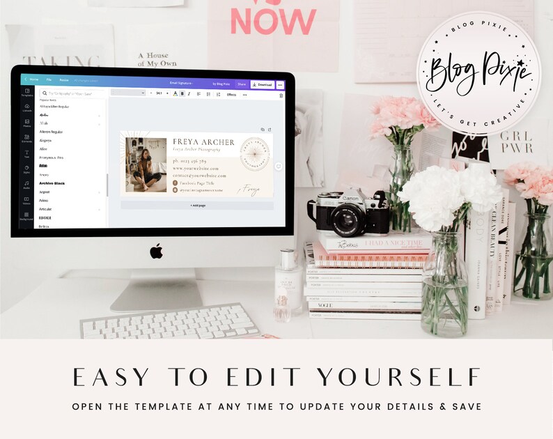 May include: A computer screen displaying a website with a customizable business card template. The template features a photo of a woman, text, and a logo. The text on the screen reads "FREYA ARCHER" and "Storyteller Photographer". The website is called "Blog Pixie".