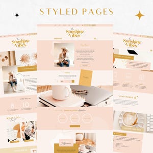May include: Website design mockup with a pink and gold color scheme. The website is for a business called "The Sunshine Vibes". The website features images of a woman, a coffee cup, and a laptop.