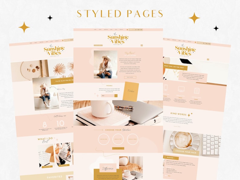 May include: Website design mockup with a pink and gold color scheme. The website is for a business called "The Sunshine Vibes". The website features images of a woman, a coffee cup, and a laptop.