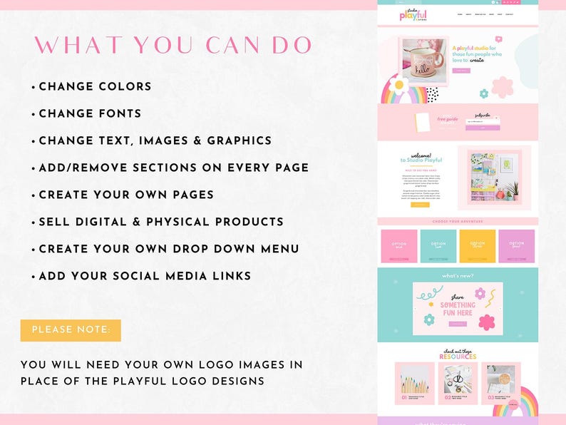 May include: A pink and white website design template with the text "What You Can Do" and a list of features, including changing colors, fonts, text, images, and graphics. The template also allows users to add or remove sections on every page, create their own pages, sell digital and physical products, create a drop-down menu, and add social media links. The template includes a playful logo design and a note that users will need to replace the logo with their own.