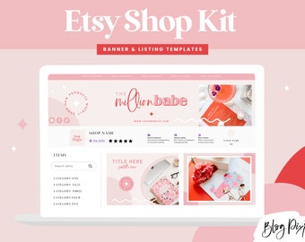 May include: A digital Etsy Shop Kit template displayed on a laptop screen. The design features a pink and white color scheme with the text "Etsy Shop Kit" and "Banner & Listing Templates". The shop name is "The Million Babe".
