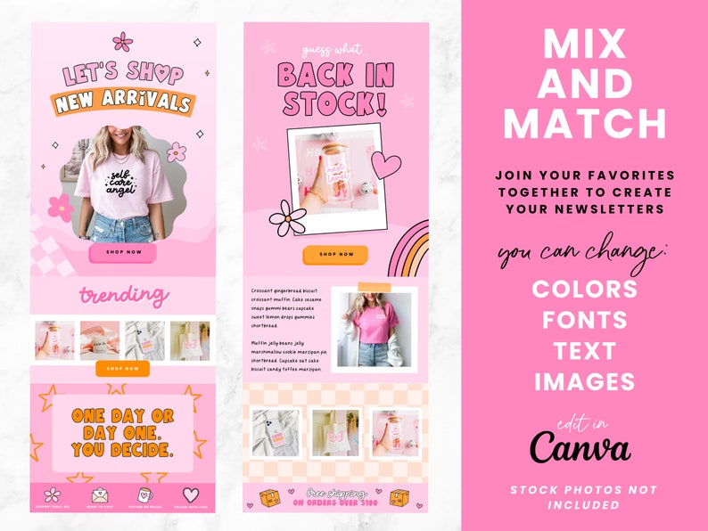 Op de afbeelding: Roze en oranje grafisch ontwerp sjabloon voor sociale media met de tekst "Let's Shop New Arrivals", "Back in Stock!" en "Mix and Match". De sjabloon bevat een verscheidenheid aan afbeeldingen en tekstelementen, waaronder een foto van een vrouw die een shirt draagt met de tekst "Self care angel", een foto van een pot met koekjes en een foto van een vrouw die een roze shirt draagt. De sjabloon bevat ook de tekst "Sluit je aan bij je favorieten om je nieuwsbrieven te maken", "Je kunt veranderen: Kleuren, Lettertypen, Tekst, Afbeeldingen", "Bewerken in Canva", en " stockfoto's niet inbegrepen".